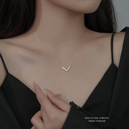 S925 Sterling Silver V Shape Half Pearl Half Zircon Pendant Necklace for Women Simple Light Luxury Wedding Jewelry Accessories - Touchy Style