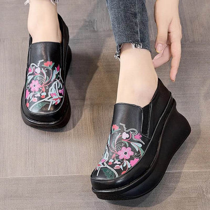 Spring Ethnic Style Women Genuine Leather Shoes Slip-On Wedges Heels Shoes Thick Sole Casual Ladies Platform Shoes - Touchy Style
