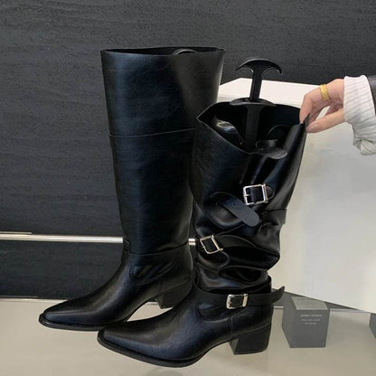 Eilyken Winter Black Punk Round Toe Knee-High Women Boots Square Heels Buckle Strap Ladies Booties Shoes Zapatillas De Mujer - Touchy Style