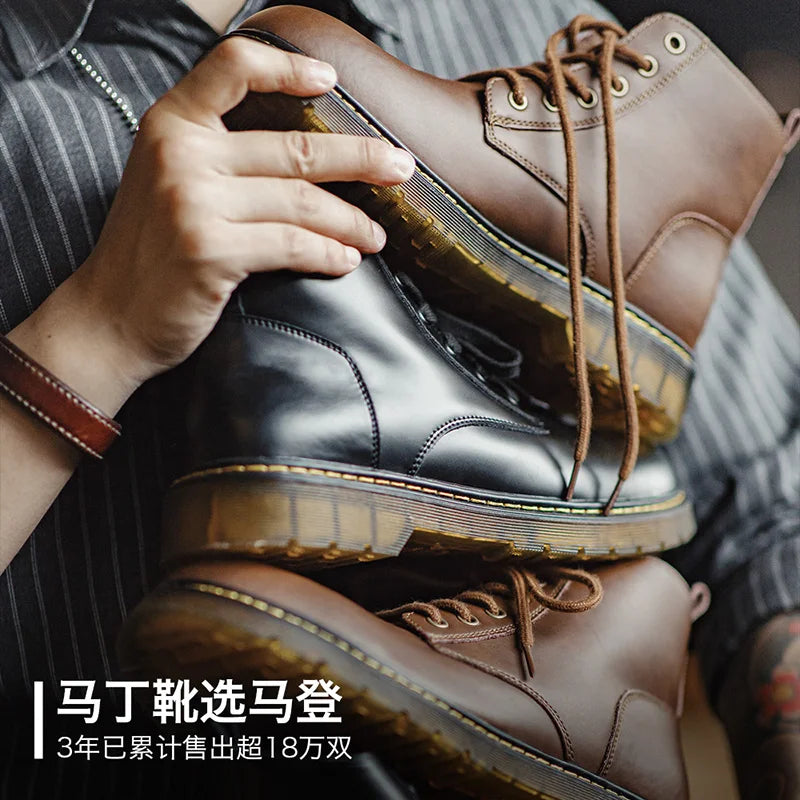Maden Winter Couple Leather Boots Black High Top Snow Shoes Work Security Motorcycle Ankle Boots Unisex Hiking Safety Shoes