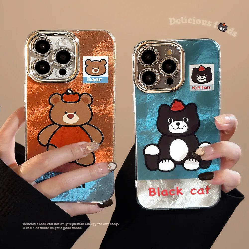 Cute Phone Cases For iPhone 16, 15, 14, 13, 12, 11 Pro Max - Pumpkin Bear, Lucky Cat Pattern - Glitter Cover - IC4440 - Touchy Style