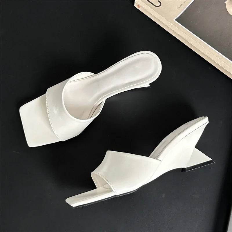 New Design Concise Wedges High Heels Women Slippers Square Toe Party Dress Slides Summer Shoes - Touchy Style