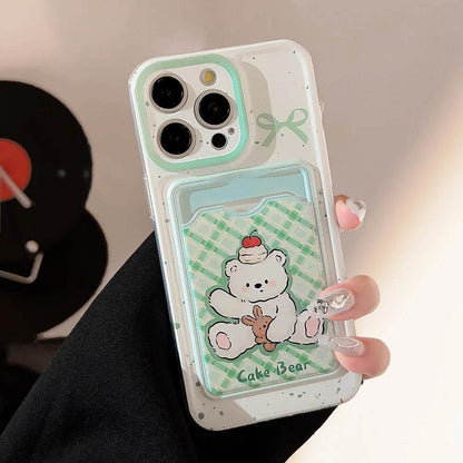 Cute Phone Cases For iPhone 16, 15, 14, 13 Pro Max, Xr, 15, 14, 16 Plus - Cherry Cake Bear Doll - Green plaid Photo Card Holder - IC5320 - Touchy Style