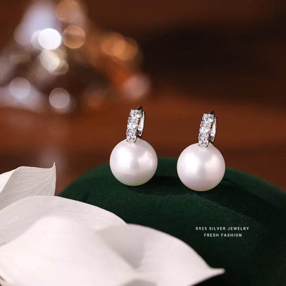 925 Sterling Silver Inlay Zircon Shell Pearl Earrings for Women French Light Luxury Temperament Elegant Jewelry - Touchy Style