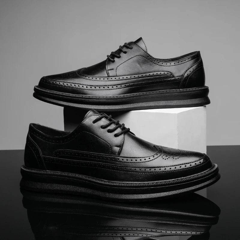 Fashion Derby Leather Men Shoes White Brogue Lace Up Solid Simple Dress Business Casual Party Wedding Flat Shoes For Man - Touchy Style
