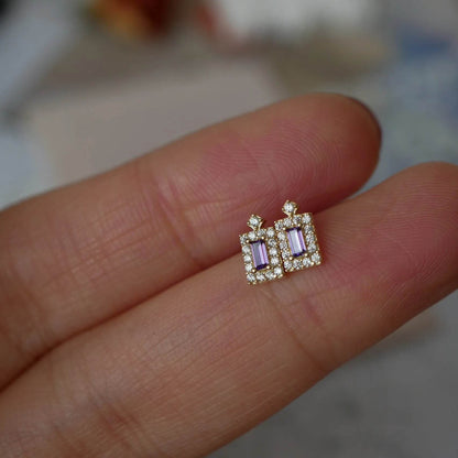 925 Sterling Silver Plated 14K Gold Purple Shiny Zircon Geometry Earrings for Women French Elegance Romance Jewelry - Touchy Style