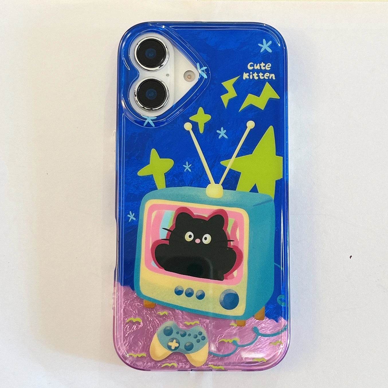 Cute Phone Cases For iPhone 16, 15, 14, 13 Pro Max - Cartoon Blue Kitten in TV - Double Layers IMD Back Cover - PC7420 - Touchy Style