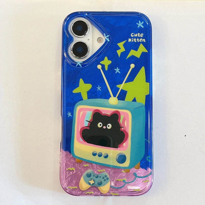 Cute Phone Cases For iPhone 16, 15, 14, 13 Pro Max - Cartoon Blue Kitten in TV - Double Layers IMD Back Cover - PC7420 - Touchy Style