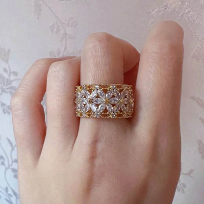 925 Sterling Silver Finger Ring Charm Jewelry - Zircon Wide Lace Hollow Out - R6120 - Touchy Style