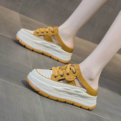 Genuine Leather Slippers Women Hollow Mules Summer Height Increasing Breathable Casual Shoes Wedges Platform Lace-up Sneakers - Touchy Style