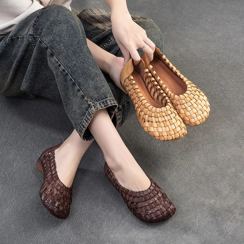 Autumn New Vintage Versatile Genuine Leather Woven Flat Shoes Handmade Round Toe Handmade Soft Sole Slip-on Shoes