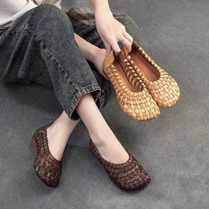 Autumn New Vintage Versatile Genuine Leather Woven Flat Shoes Handmade Round Toe Handmade Soft Sole Slip-on Shoes - Touchy Style