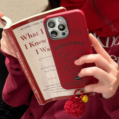 Cute Phone Cases For iPhone 16, 15, 14, 13 Pro Max - Red Leather Cover - Dog Pattern with Fluffy Dangle - PC616 - Touchy Style