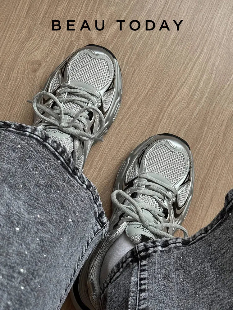 BEAUTODAY Sliver Chunky Sneakers Women Split Leather Mesh Patchwork Lace-up Closure Spring Female Leisure Shoes Handmade A29465