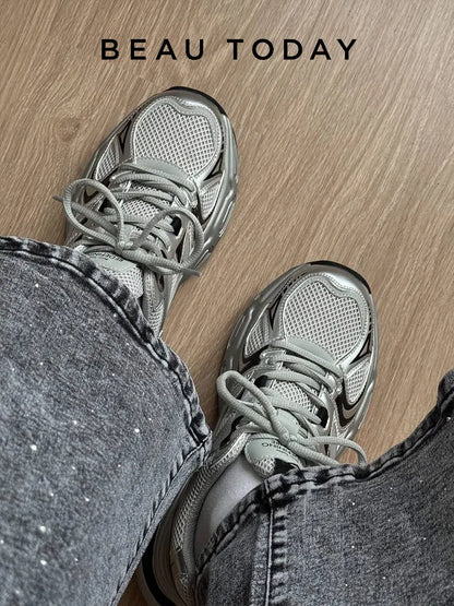 BEAUTODAY Sliver Chunky Sneakers Women Split Leather Mesh Patchwork Lace-up Closure Spring Female Leisure Shoes Handmade A29465