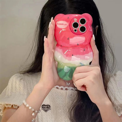 Korean cartoon 3D cute watermelon bear silicone phone case for iPhone 14 Pro Max 11 12 13 Xs Xr Xm Funny creative cartoon coverF