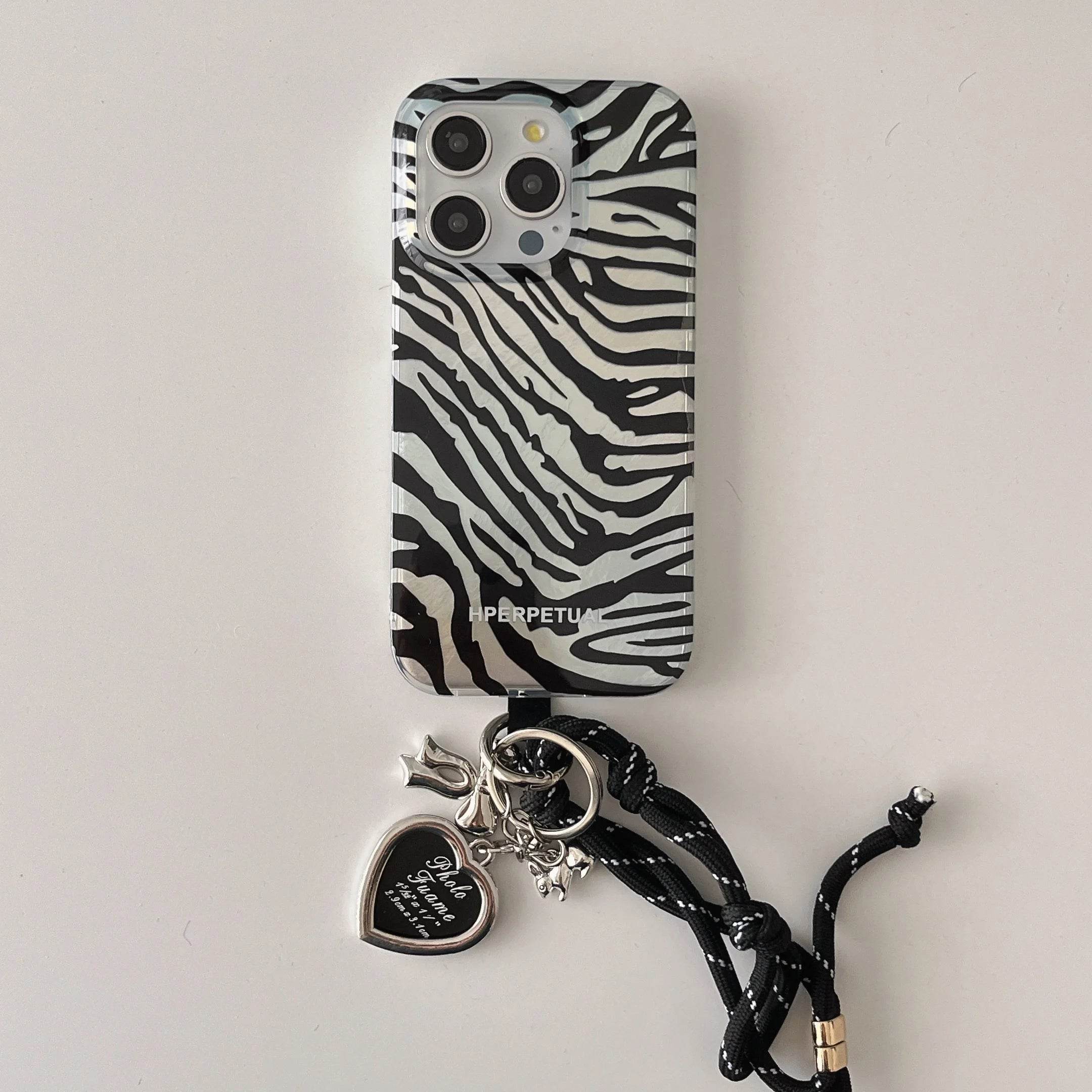 Cute Phone Cases iPhone 16, 15, 14, 13 Pro Max - Double Layers Zebra Pattern - Black Heart Wrist Chain - PC1420 - Touchy Style