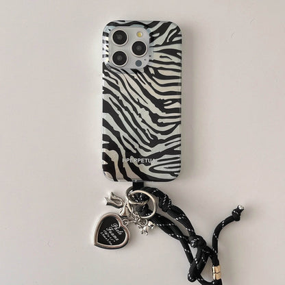 Cute Phone Cases iPhone 16, 15, 14, 13 Pro Max - Double Layers Zebra Pattern - Black Heart Wrist Chain - PC1420 - Touchy Style