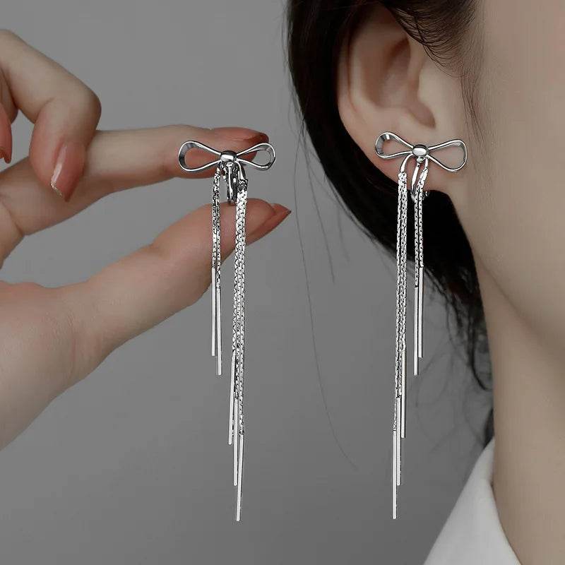 PANJBJ 925 Sterling Silver Bowknot Clip Earring for Women Hollow Out Tassels Ins Versatile Geometry Jewelry Gift Dropshipping - Touchy Style