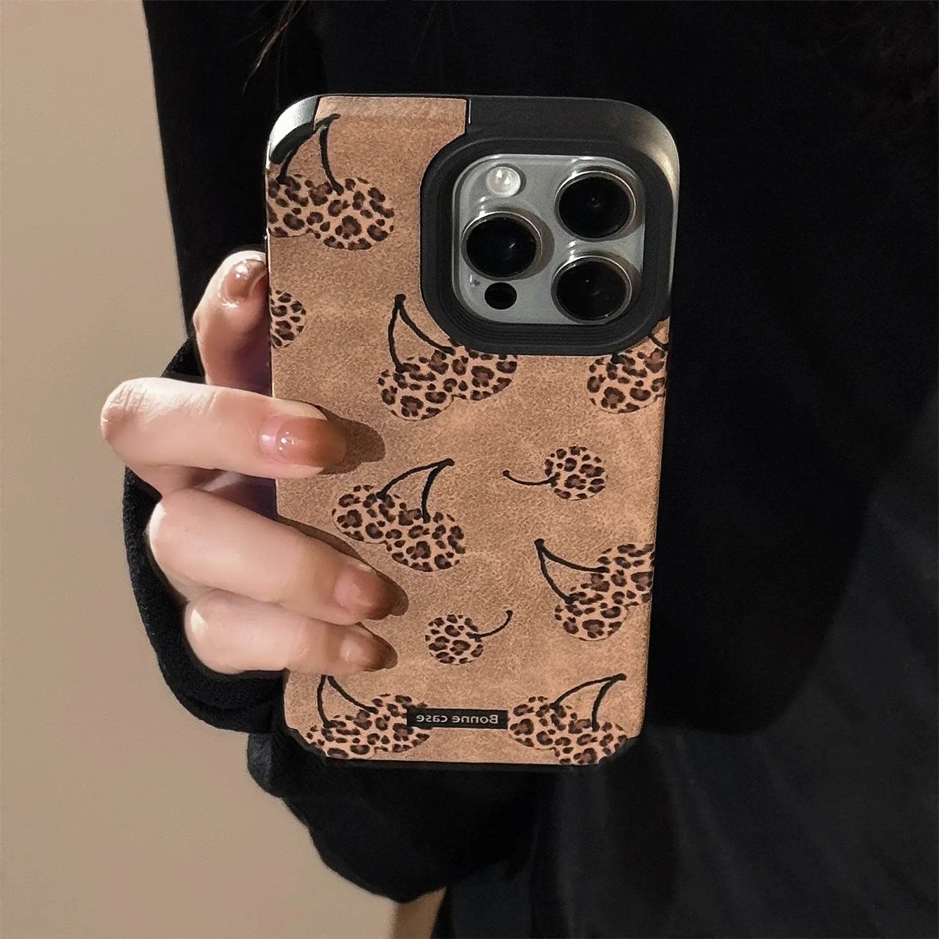 Sexy coffee leopard print cherry art suede Phone case For iPhone 16 15 14 13 12 11 Pro Max Case Cartoon Plush ball pendant Cover - Touchy Style