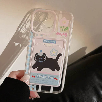 Cute Phone Cases For iPhone 16, 15, 14, 13, 12 Pro Max, Xr, 15 Plus - Cherry Party Black Cat Cartoon Cover - IC5190 - Touchy Style