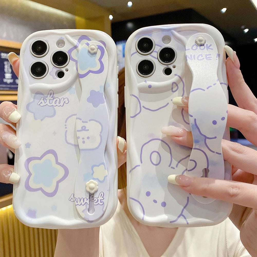 Wrist Strap Case For iPhone 16 15 14 13 12 11 Pro Max X Xs Max XR 16E 7 8 Plus Cream Rabbit Star Wrist Strap Phone Holder Cover