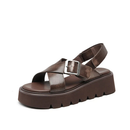 BEAUTODAY Platform Sandals Women Polished Cow Leather Open Toe Cross-tied Solid Metal Strap Summer Ladies Shoes Handmade 38250