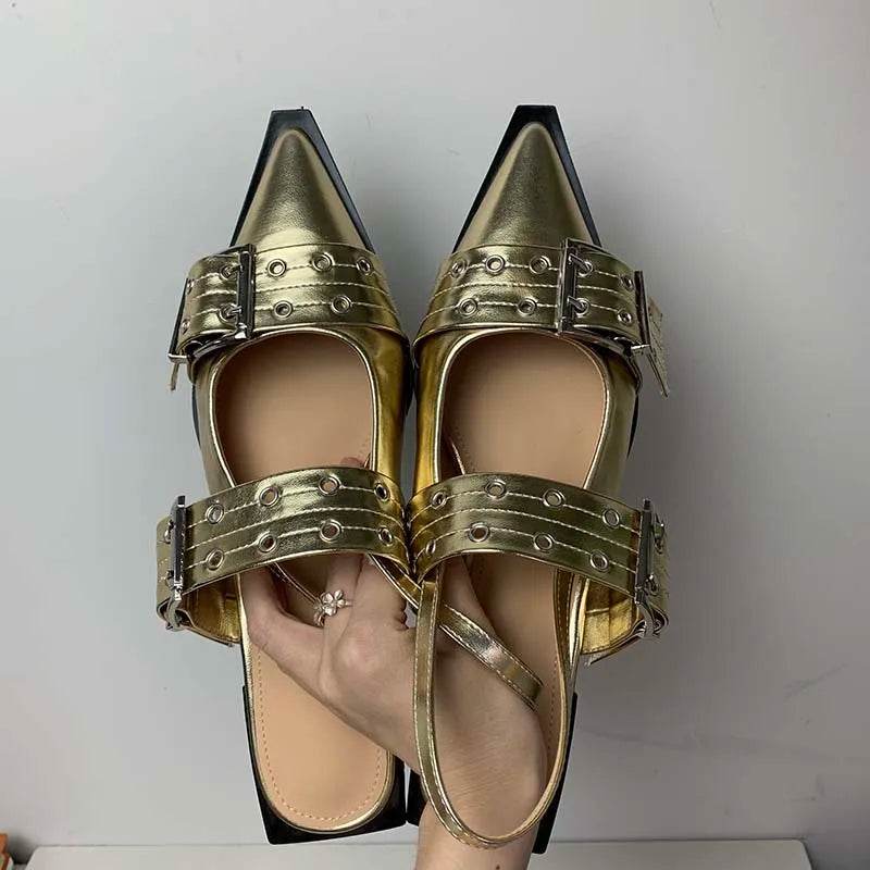 Women Gladiator Sandals Low Heels Shoes Gold Mules Designer Fashion Ladies Shoes For Slides Pointed Toe Casual Female Slippers - Touchy Style