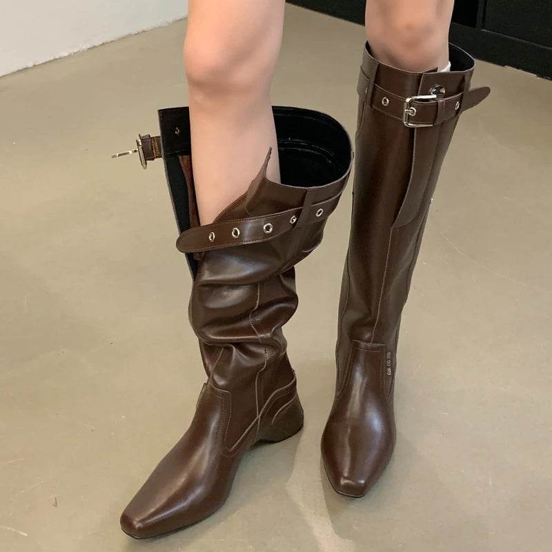 Winter Street Style Wedges Heels Knee-High Women Boots Fashion Belt Buckle Long Booties Designer Shoes Zapatos De Mujer - Touchy Style