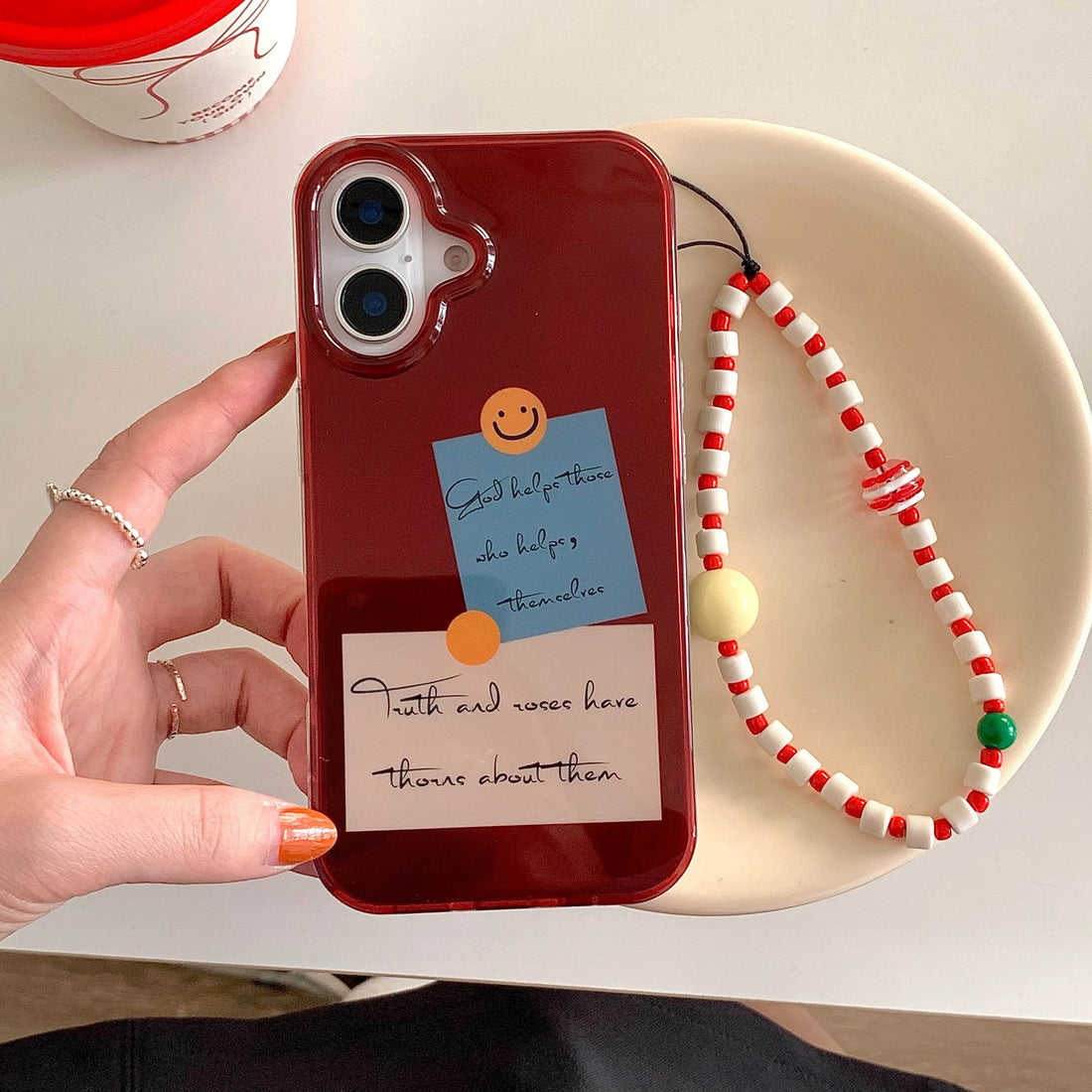 Cute Phone Cases For iPhone 16, 15, 14, 13 Pro Max - Double Layer Sticker Label Cover - Beads Wrist Chain - PC1450 - Touchy Style