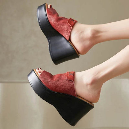 Retro Slippers Genuine Leather Shoes Handmade Slides Woman Slipper Peep Toe Platform Wedge Clogs For Women - Touchy Style