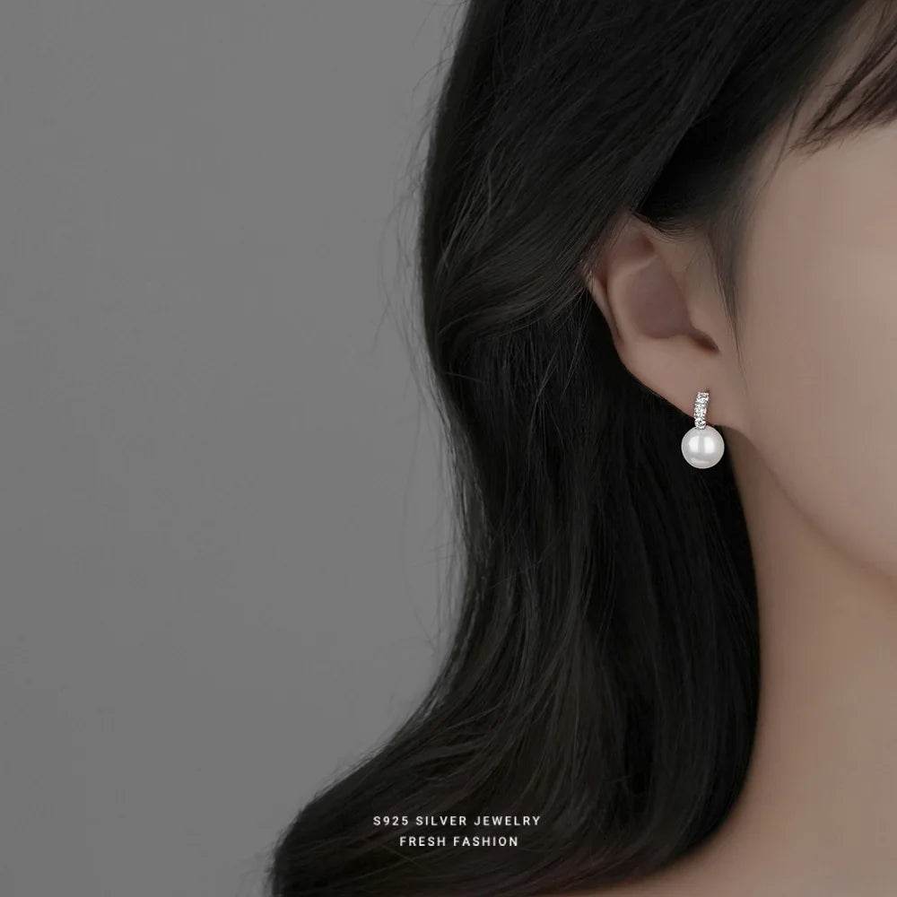 925 Sterling Silver Inlay Zircon Shell Pearl Earrings for Women French Light Luxury Temperament Elegant Jewelry - Touchy Style