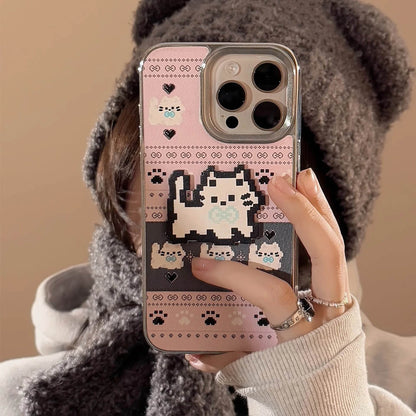 Cute Phone Cases For iPhone 16, 15, 14, 13, 12, 11 Pro Max - Pet Cat, Puppy Pixel Stick Plating Art - IC4050 - Touchy Style