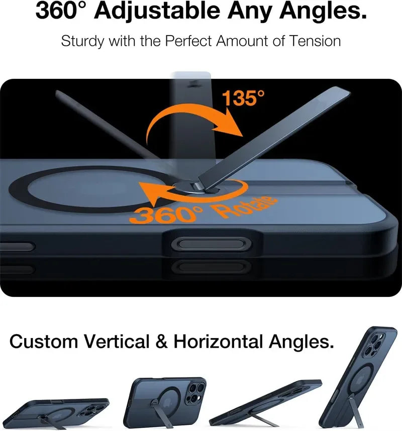 360 Hidden Metal Stand Magnetic Case for Magsafe IPhone 16 15 14 13 12 Pro Max Plus IPones i16 i15 ProMax Mag Safe Phone Cover