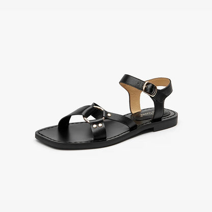 BEAUTODAY Fashion Sandals Women Genuine Cow Leather Buckle Strap Metal Decoration Solid Color Summer Ladies Shoes Handmade 32441