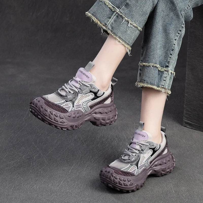 Genuine Leather Shoes Women Sneakers Lace-up Retro Mixed Colors New Spring Handmade Concise Platform Sneakers - Touchy Style