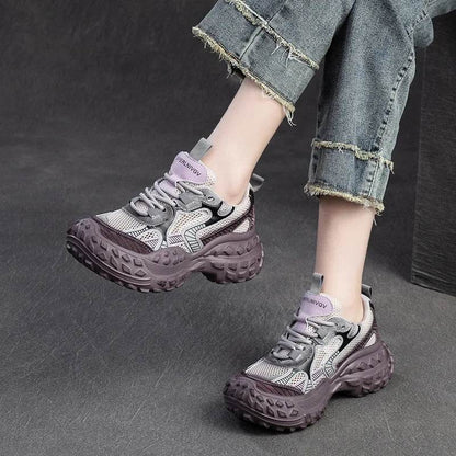 Genuine Leather Shoes Women Sneakers Lace-up Retro Mixed Colors New Spring Handmade Concise Platform Sneakers - Touchy Style