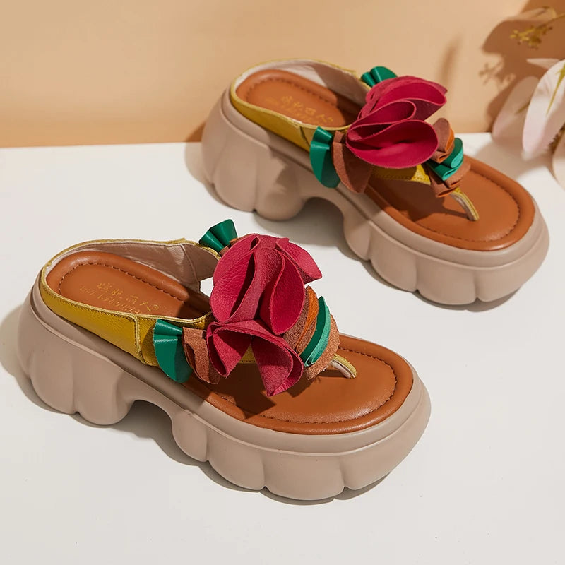 Genuine Leather Sandals Floral Women Slippers Summer Shoes Platform Outside Slides Thick Soles Leisure Ladies Slippers