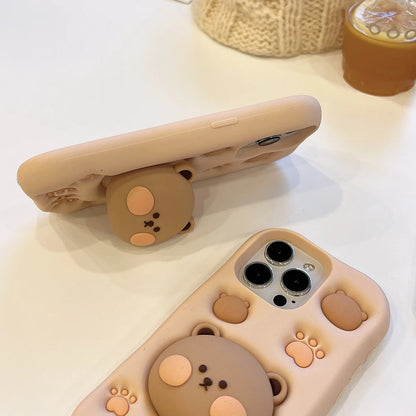 3D Bear Hidden Holder Cute Phone Case for iPhone 11, 12, 13, 14, 15 Pro Max, XS, XR, X, 7, 8 Plus