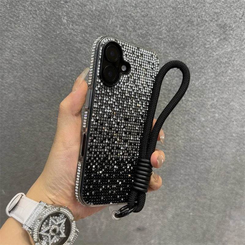 Luxury Bling Case Full Shinny Diamond Bumper Frame Cover For iPhone 15 16 ProMax 14 Plus 13 12 11 Pro Max Wristband Lanyard Case - Touchy Style