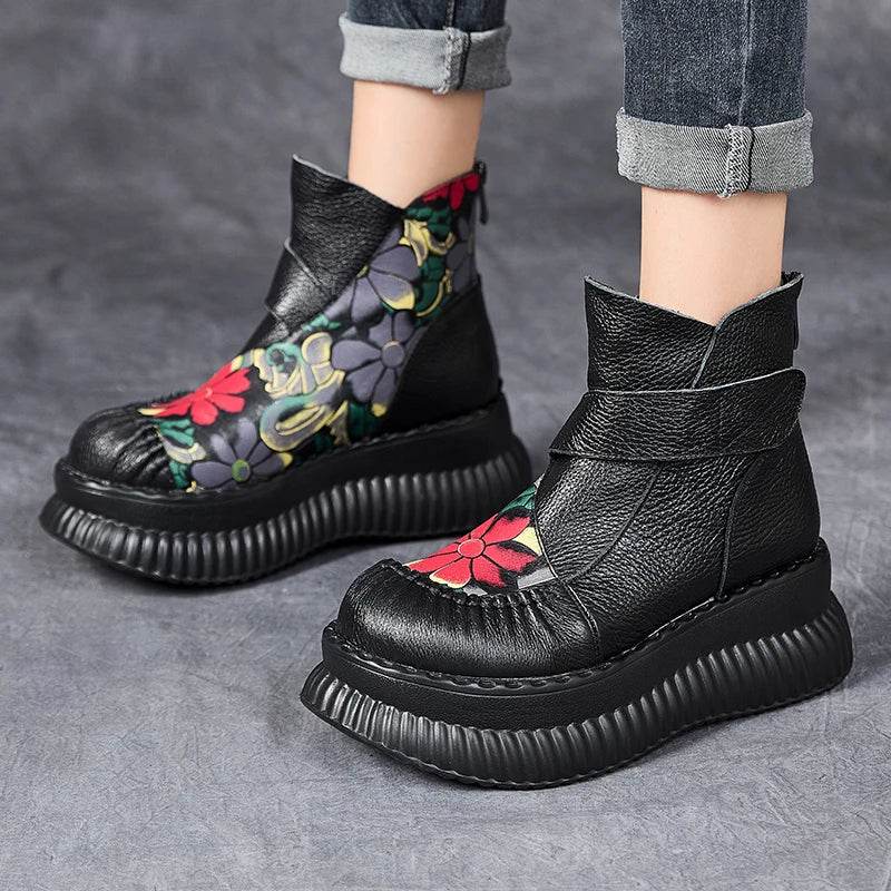 Handmade Ankle Boots Platform Women Genuine Cow Leather Short Boots Round Toe Height Increasing Thick Sole Ladies Shoes - Touchy Style