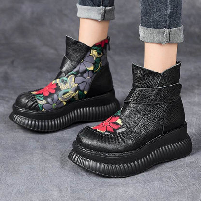 Handmade Ankle Boots Platform Women Genuine Cow Leather Short Boots Round Toe Height Increasing Thick Sole Ladies Shoes - Touchy Style