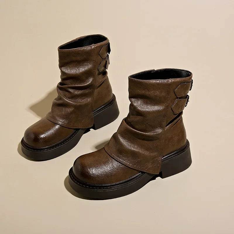 2024 Fall Fashion Boots Comfortable Mid-calf Boots Slim Leather shoes Versatile High Heel Boots socofy chaussures femmes - Touchy Style