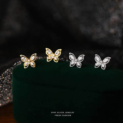 Real 999 Sterling Silver Fashion Romantic Delicate Zircon Butterfly Stud Earrings For Women Wedding Fine Jewelry - Touchy Style