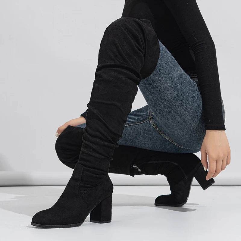 New Winter Zipper Women Over-the-Knee Boots Fashion Flock Square Heel Shoes Thigh High Long Botas De Mujer - Touchy Style