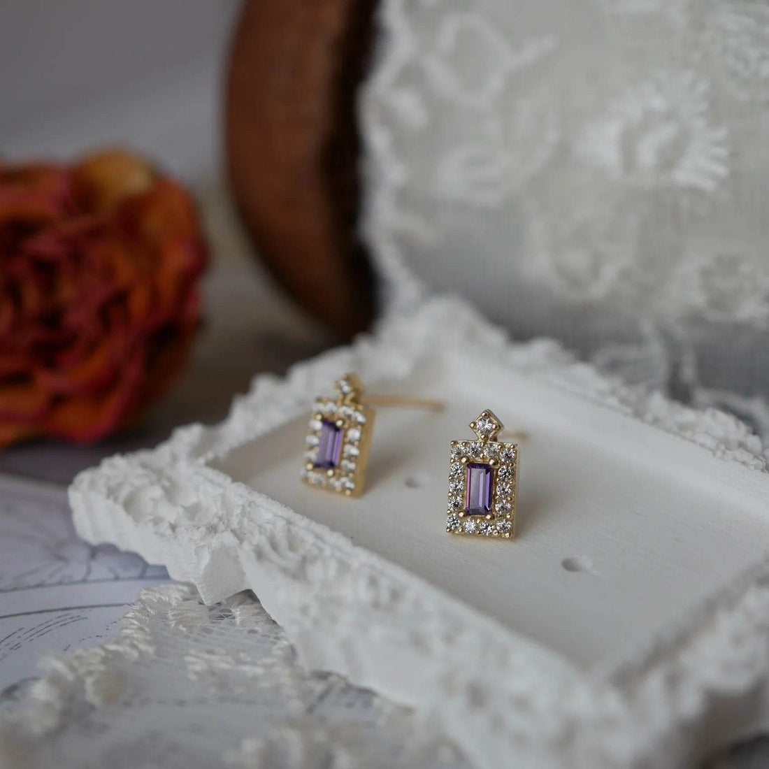 925 Sterling Silver Plated 14K Gold Purple Shiny Zircon Geometry Earrings for Women French Elegance Romance Jewelry - Touchy Style