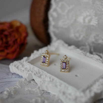 925 Sterling Silver Plated 14K Gold Purple Shiny Zircon Geometry Earrings for Women French Elegance Romance Jewelry - Touchy Style