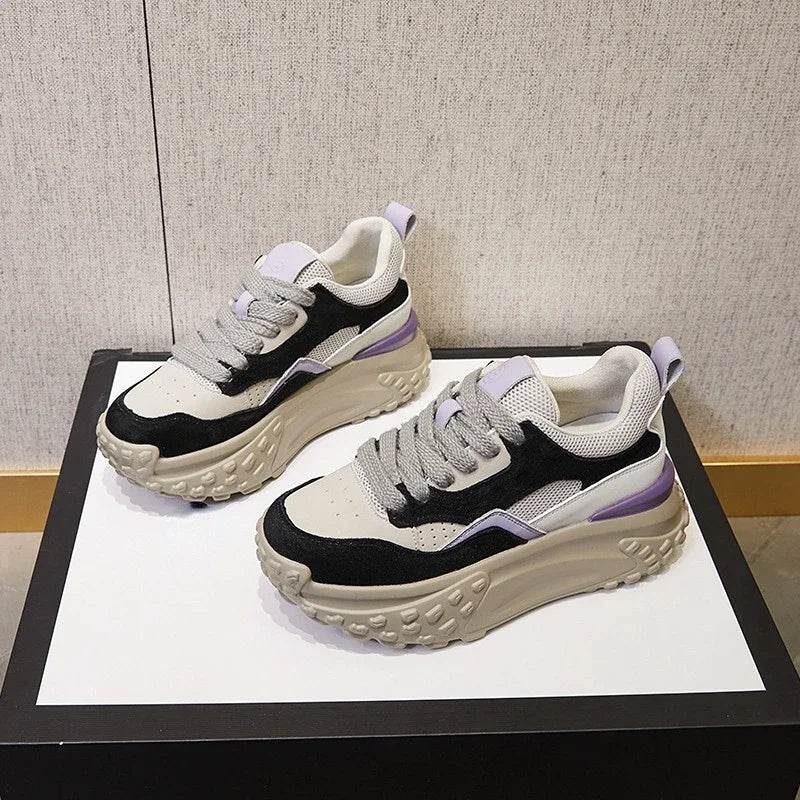6cm Genuine Leather Platform Mesh Breathable Sneakers Chunky Hidden Heel Mixed Color Women Autumn Spring Vulcanize Shoes - Touchy Style