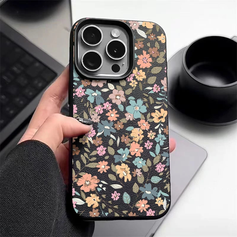 Floral Flowers Luxury Leather Texture Phone Case For iPhone 15 Pro 16 15 14 13 12 Pro Max 11 Shockproof Candy Color Soft Cover