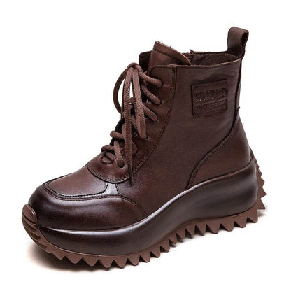 Handmade Woman Genuine Leather Sneakers Thick Soled Short Boots Height Increasing British style Platform Women&